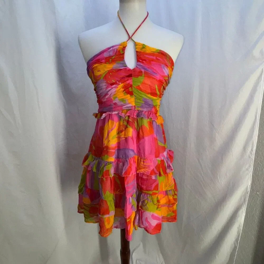 Farm Rio Colorful leaves halter ruffle tiered dress beaded tie XS EX cond - Picture 3 of 12